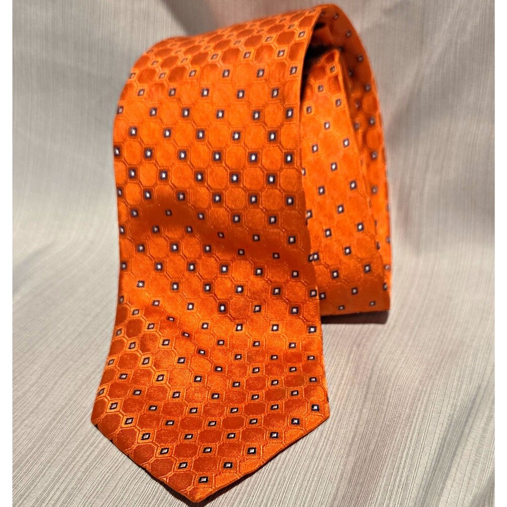 Tommy Hilfiger Men's Orange and Navy Blue Geometric Pointed Tie w/ Logo Accent